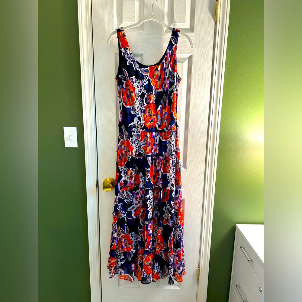 Jones Studio long orange and blue floral dress, size 2